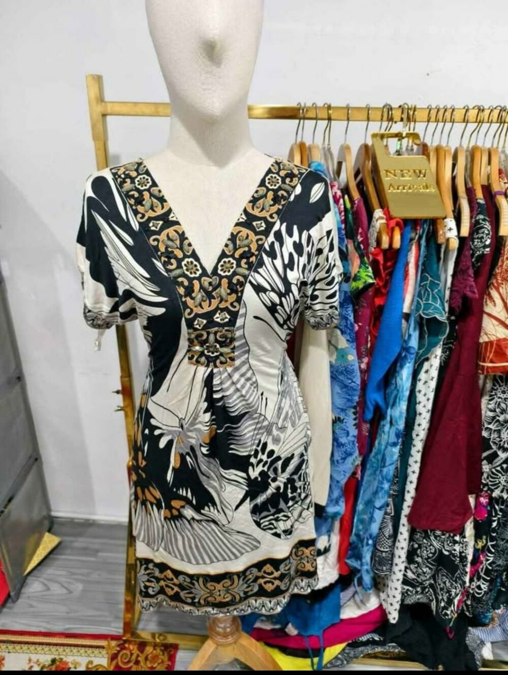 Hale Bob Black & Cream V-Neck Printed Mini Dress Silk